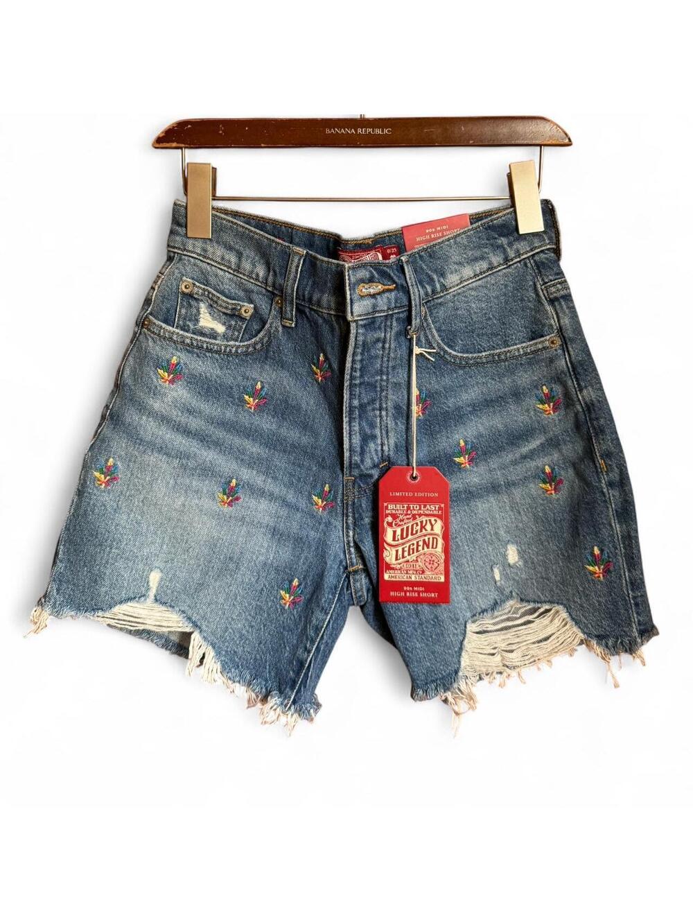 NWT Lucky Brand Embroidered Stoner High Rise Denim Streetwear Shorts Size 0/25